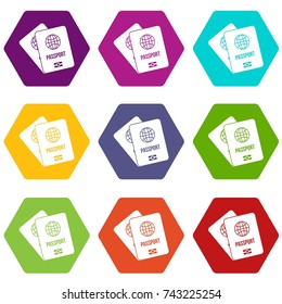 Passports with map icon set many color hexahedron isolated on white vector illustration