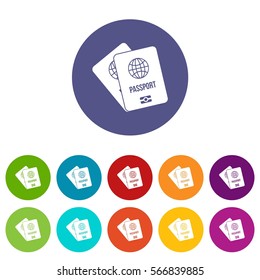 Passports with map set icons in different colors isolated on white background