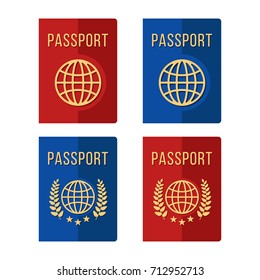 Passports set. 4 different blue and red passport icons isolated on white background. Modern flat design vector illustration