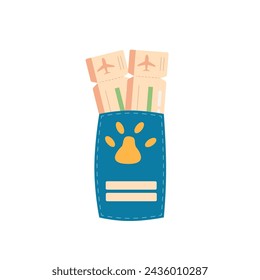 Passports for travel with pets. tourism identification and tickets elements isolated on white background. Trip for adventure and rest with domestic animals. Vector flat illustration