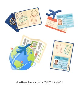 Passports with visa, tickets, globe with itinerary on map, airplane vector icon set. Flat illustrations isolated on white. Traveling, visa, tourism concept