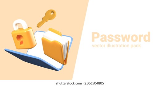 Password access concept. Realistic laptop, folder with files, lock, key