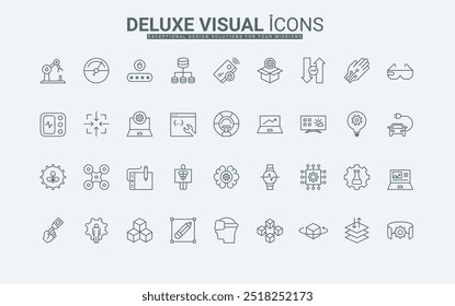 Acceso de Contraseña a servidor y portátil, guantes y gafas de realidad virtual delgada Ilustración vectorial de símbolos de contorno negro. Conjunto de iconos de línea de tecnología digital, desarrollo de IA y dispositivos inteligentes.