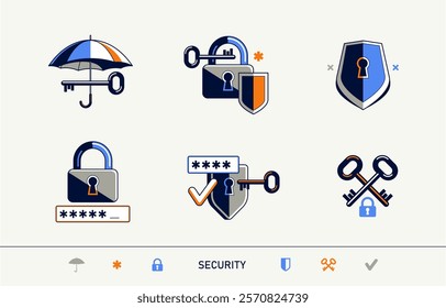 Password access, shield and padlock with key, umbrella and pin safety vector detailed icons set, security and protection.