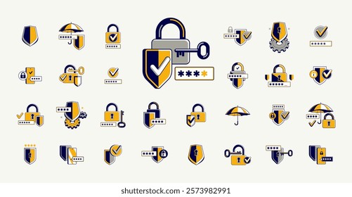 Password access, shield and padlock with key, umbrella and pin safety vector detailed icons set, security and protection.