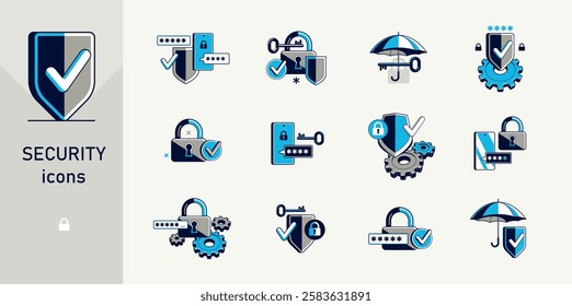 Password access, shield and padlock with key, umbrella and pin safety vector detailed icons set, security and protection.