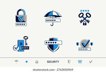 Password access, shield and padlock with key, umbrella and pin safety vector detailed icons set, security and protection.