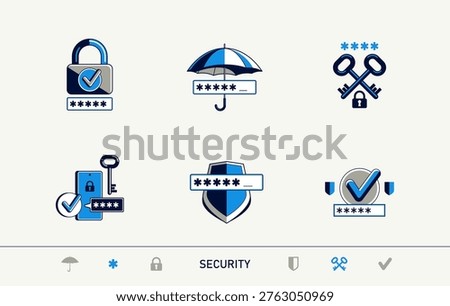 Password access, shield and padlock with key, umbrella and pin safety vector detailed icons set, security and protection.