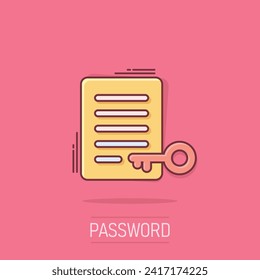 Password account icon in comic style. Keyword cartoon vector illustration on isolated background. Key combination splash effect business concept.