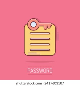 Password account icon in comic style. Keyword cartoon vector illustration on isolated background. Key combination splash effect business concept.