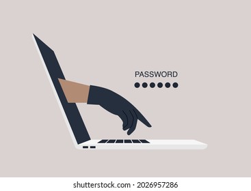Password breach concept, a hand in a black leather glove typing on a keyboard, data stealing