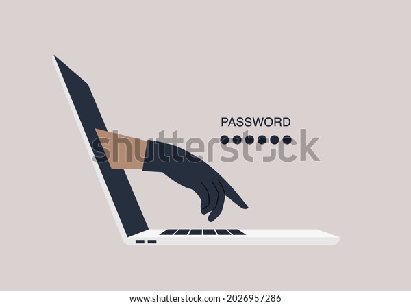 Password breach concept, a hand\
in a black leather glove typing on a keyboard, data\
stealing