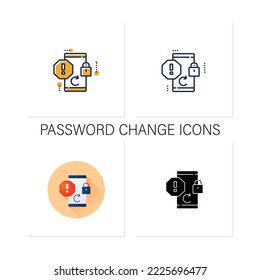Password change icons set. Notification. Security message. Save data on phone.Remainder. Exclamation point. Warnings.Collection of icons in linear, filled, color styles.Isolated vector illustrations
