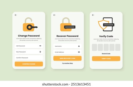 Alteração de senha, recuperação e verificação de design de elementos de interface do usuário de aplicativo móvel com ilustração minimalista
