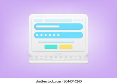 Password check on minimalistic laptop 3d icon. Protection of web account on website. Custom application with dual safety authentication and digital interface. Realistic isolated vector