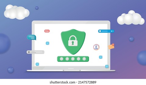 Password check in personal web account 3d icon. Protection of user data on website. Custom application with dual safety authentication and digital interface. Realistic isolated vector
