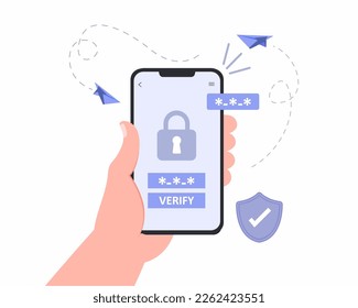 Password code verification on mobile phone or 2 step verification, Illustration of smartphone and security.