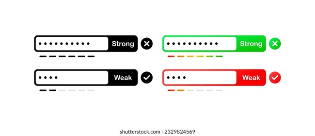 Complejidad de contraseña. Plano, color, toma una contraseña segura, indicador de fuerza de contraseña. Iconos vectores.