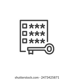 Password Compliance line icon. linear style sign for mobile concept and web design. Checklist with a password key outline vector icon. Symbol, logo illustration. Vector graphics