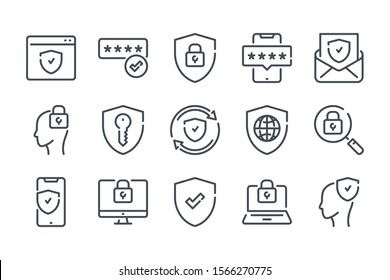 Password, Computer Secure And Data Protection Related Line Icon Set. Protection Of Personal Information Linear Icons. Network Safety And Password Outline Vector Sign Collection.