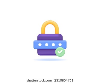 La contraseña es correcta y segura. sistemas de seguridad y protección. seguridad de la cuenta y protección de la privacidad del usuario. códigos, candados y garrapatas. símbolos o iconos. Diseño de concepto 3D minimalista. vector 