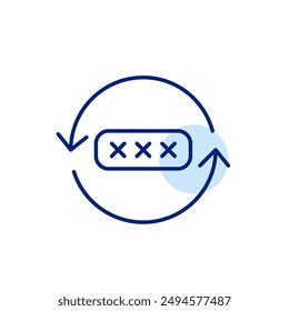 Password covered in asterisks in refresh arrows. Timely password update, authentication information renewal. Pixel perfect, editable stroke icon