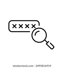 Password covered by asterisks in box and magnifying glass. Showing password, checking strength. Pixel perfect vector icon