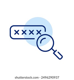 Password covered by asterisks in box and magnifying glass. Showing password, checking strength. Pixel perfect, editable stroke icon