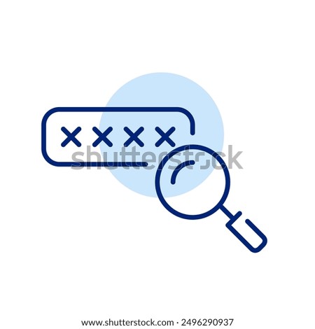 Password covered by asterisks in box and magnifying glass. Showing password, checking strength. Pixel perfect, editable stroke icon