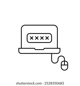 Password covered by asterisks in input box. Laptop with computer mouse connected to it. Secure account access. Pixel perfect, editable stroke icon
