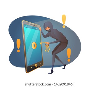 Password cracking flat vector illustration. Hacker, cyber criminal in mask cartoon character. Hacker picking digital lock, holding keys. Private information protection. Locked smartphone, data safety