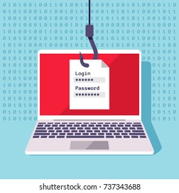 Password data phishing, hacker attack prevention vector concept. Fraud with login and password illustration