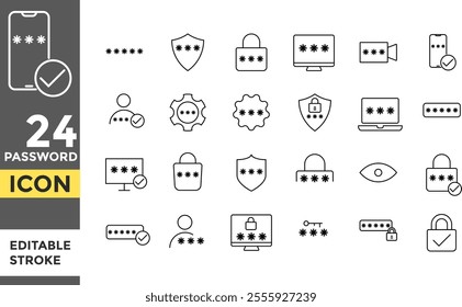 Password Editable line stroke icon set.  Cyber security icon sign. digital system data tech safety symbol. computer access lock sign. data and network protection icons