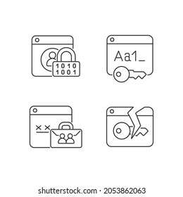 Password encryption linear icons set. Internet safety. Corporate system security. Password management. Customizable thin line contour symbols. Isolated vector outline illustrations. Editable stroke