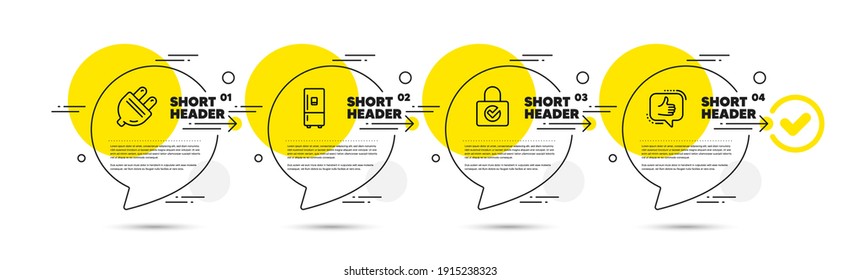 Encriptación de contraseña, Refrigerador e iconos de línea de enchufe Eléctrico. Burbujas del discurso de la infografía de la línea de tiempo. Como un signo. Localizador de protección, fabricante de hielo frigorífico, Energía. Altibajos. Conjunto de tecnología. Vector