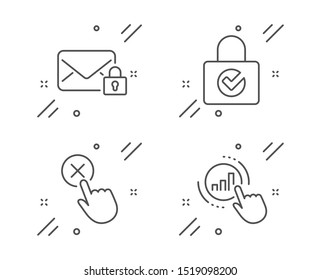 Password encryption, Reject click and Secure mail line icons set. Graph chart sign. Protection locker, Delete button, Private e-mail. Get report. Technology set. Vector