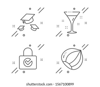 Password encryption, Throw hats and Cocktail line icons set. Hazelnut sign. Protection locker, College graduation, Martini. Vegetarian nut. Business set. Line password encryption outline icon. Vector