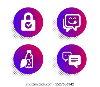Password encryption, Water bottle and Yummy smile icons simple set. Halftone dots button. Dots message sign. Protection locker, Mint leaf drink, Emoticon. Chat bubble. Business set. Vector