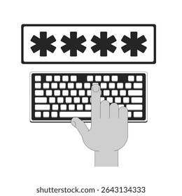 Password entry on keyboard outline illustration. User authentication. Hand pressing key on computer keyboard, typing four asterisks isolated 2D vector image black and white. Linear drawing clip art