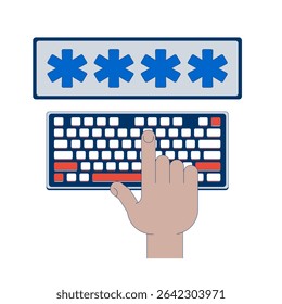 Password entry on keyboard vector illustration. User authentication. Hand pressing key on computer keyboard, typing four asterisks 2D cartoon image isolated on white. Editable flat clipart colorful