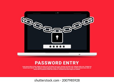 Password entry on laptop. Chain padlock locks laptop. Password security access. Verification code. Private authorization sign. Authentication login from system. Illustration vector