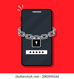 Entrada de contraseña por teléfono. El candado de cadena bloquea el smartphone. Acceso de seguridad de contraseña. Código de verificación.  Vector de ilustración