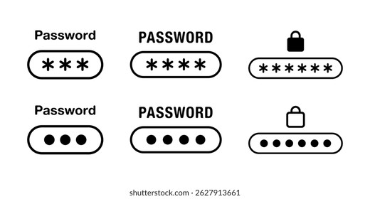 Password entry and security related simple line drawing vector icon set (6 types)