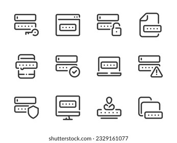 Password and Entry vector line icons. Pass code and Login outline icon set. Access key, Login protection, Online password, Successful access, Alert notification and more.