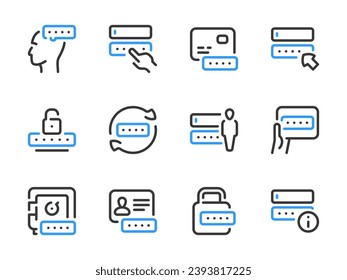 Password and Entry vector line icons. Pass code and Login outline icon set. Change password, Create a code, Account access, Profile login, Personal cipher and more.