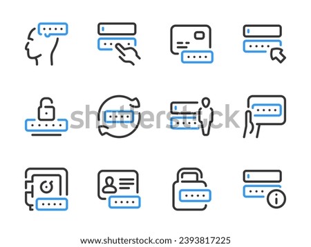Password and Entry vector line icons. Pass code and Login outline icon set. Change password, Create a code, Account access, Profile login, Personal cipher and more.
