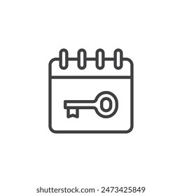 Contraseña Icono de línea de caducidad. signo de estilo lineal para concepto móvil y Diseño web. Calendario con un icono de Vector de contorno de clave. Símbolo, ilustración del logotipo. Vector gráfico
