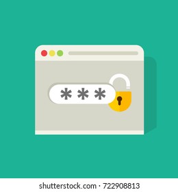 Password field with open lock in browser widow vector illustration, flat cartoon style log in or sign in icon