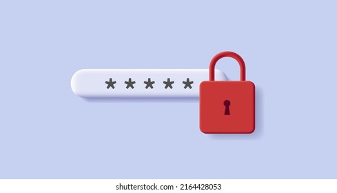 Password field with red padlock, 3d digital illustration. Vector illustration