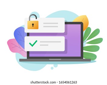 Password Field Secure Access With Open Lock On Laptop Computer Or Internet Privacy Technology Notice Vector Flat, Flat Cartoon Pc With Online Secure Login Notification Icon Modern Colorful Design